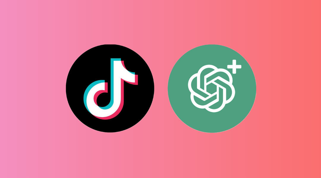 Afbeelding met de logo's van TikTok en ChatGPT, die de combinatie van sociale media en kunstmatige intelligentie symboliseren voor het creëren van een 'dream life'