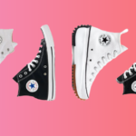 Een paar Converse sneakers met het iconische ontwerp, waaronder de beroemde ster op de zijkant, op een vlakke ondergrond. De schoenen hebben een casual en tijdloze uitstraling, geschikt voor zowel dagelijks gebruik als een trendy toevoeging aan elke outfit.