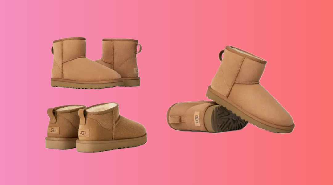 Collage van verschillende UGG-modellen, waaronder klassieke laarzen, met focus op het zachte suède en sheepskin materiaal.